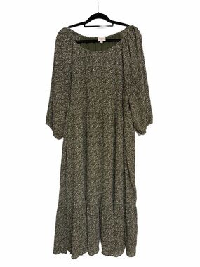 Olive Green Ditsy Maxi Dress with Puff Sleeves